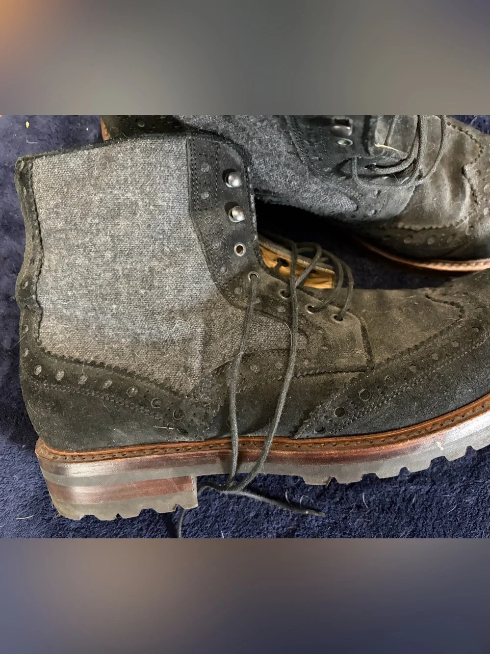 Barneys New York Black Suede and Gray Wool Chukka Boots